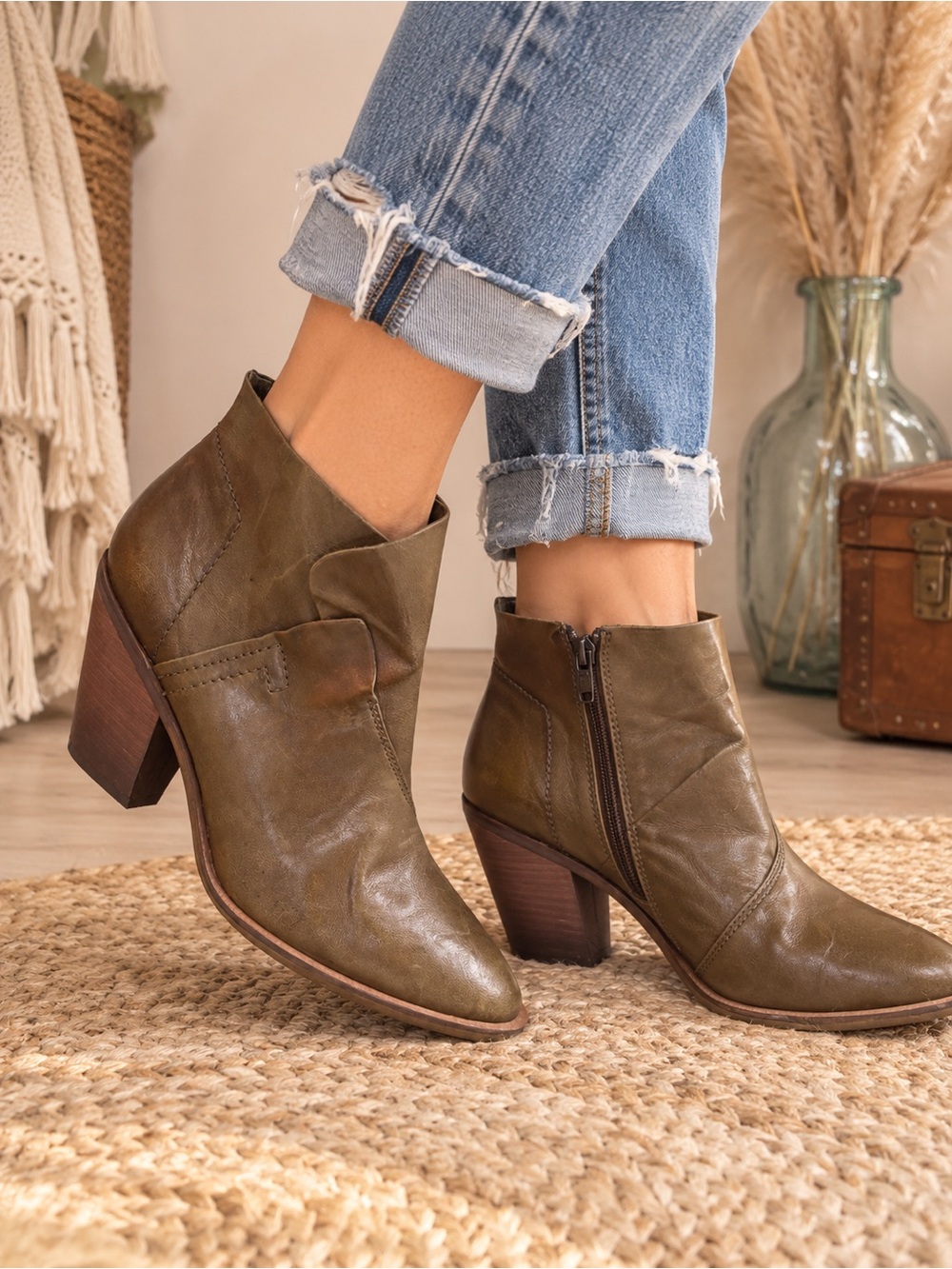 Kelsi Dagger Olive Green Leather Ankle Booties with Block Heel
